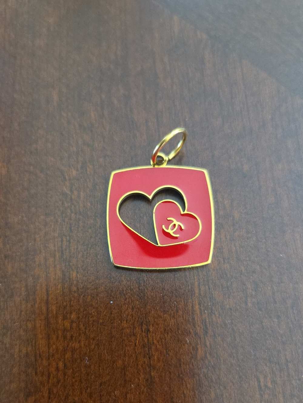 CHANEL Red Enamel Heart-Inset Square Pendant Charm with Gold Trim